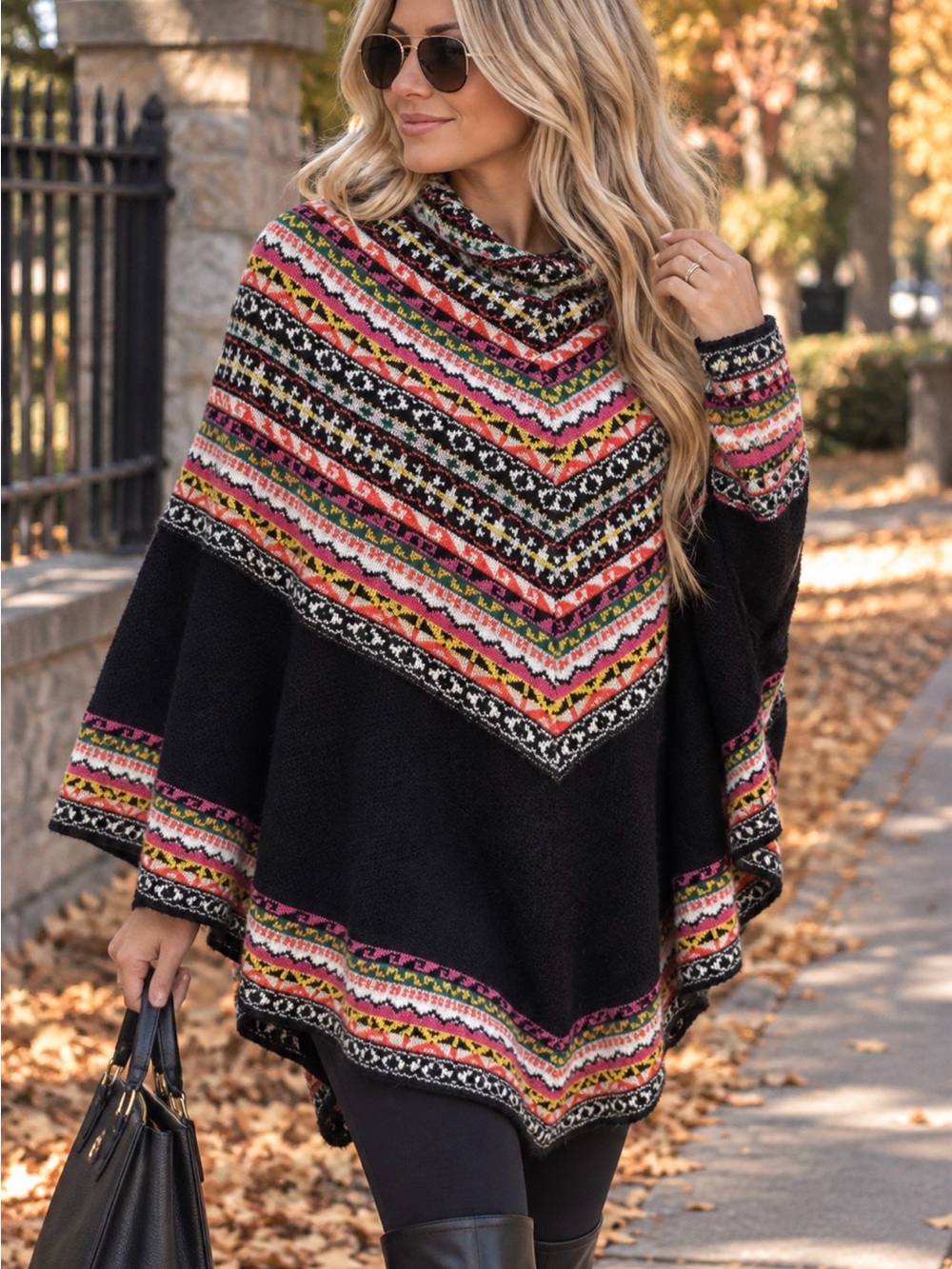 Alpaca Fair Isle Poncho Sweater with Pink & Yellow Accents